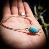 Solid Sterling Silver & Natural Larimar Rustic Handmade Bangle Bracelet (4A10A2)