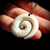 Natural Carved Maori Bone Carving Pendant Necklace - Etched Koru