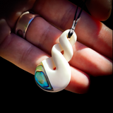 Natural Carved Maori Bone & Paua Carving Pendant Necklace - Double Twist
