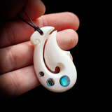 Natural Carved Maori Bone Carving Pendant Necklace - Hook With Paua Inlay