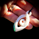 Natural Maori Bone Carving Pendant Necklace - Etched Koru Paua Pendant