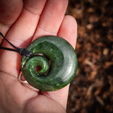 NZ Greenstone Pounamu Round Koru Pendant Necklace (N925)