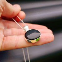 Solid Sterling Silver & Natural Black Onyx Handmade Round Pendant Necklace