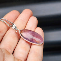 Silver Plated Natural Amethyst Handmade Oval Pendant & Chain Necklace (30X32)