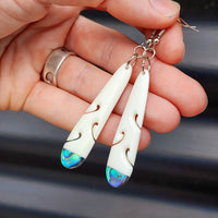 Natural Hand Carved Maori Bone Carving & Paua Earrings - Oval Paua Drops