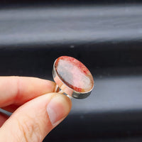 (O) Solid Sterling Silver & Natural Rhodonite Handmade Oval Solitaire Ring