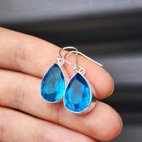 Solid Sterling Silver & Blue Topaz Handmade Hanging Hook Earrings