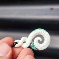 Natural Hand Carved Maori Bone Carving Pendant Necklace - Etched Koru Twist - Paua Inlay