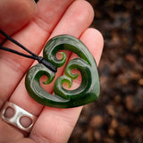 NZ Greenstone Pounamu Quad Koru Heart Pendant Necklace (N934)