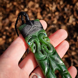 XL NZ Greenstone Pounamu Etched Manaia Toki Pendant Necklace (N929)