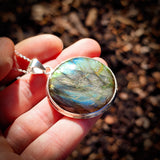 CLEARANCE Solid 925 Sterling Silver & Natural Labradorite Round Pendant Necklace