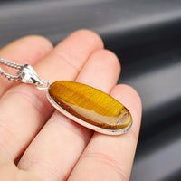Silver Plated & Natural Tiger Eye Handmade Oval Pendant & Chain Necklace (30X17)