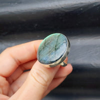 (T) Solid Sterling Silver & Natural Labradorite Round Handmade Solitaire Ring