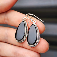 Solid Sterling Silver & Natural Black Onyx Handmade Hanging Hook Earrings