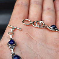 Solid Sterling Silver & Natural Lapis Lazuli Handmade Chain Bracelet