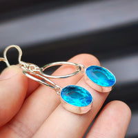 Solid Sterling Silver & Blue Topaz Handmade Hanging Hook Earrings