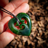 NZ Greenstone Pounamu Triple Koru Heart Pendant Necklace (N1012)