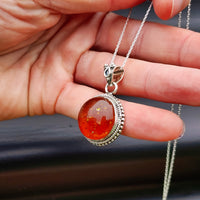 100% Solid Sterling Silver & Natural Amber Handmade Round Pendant Necklace