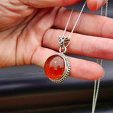 100% Solid Sterling Silver & Natural Amber Handmade Round Pendant Necklace