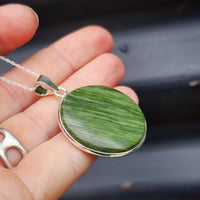 Solid Sterling Silver & Natural Nephrite Greenstone Handmade Round Pendant Necklace