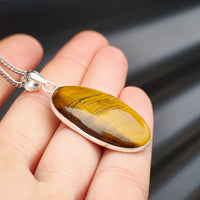 Silver Plated & Natural Tiger Eye Handmade Oval Pendant & Chain Necklace (30X2)