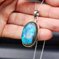 Solid Sterling Silver & Natural Labradorite Handmade Oval Pendant & Chain Necklace