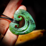 NZ Greenstone Pounamu Double Koru Heart Carved Pendant Necklace (N602)