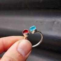 (T) Solid Sterling Silver & Double Setting Garnet & Topaz Handmade Ring