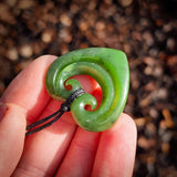 NZ Greenstone Pounamu Double Koru Heart Pendant Necklace (N1032)
