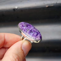(T) Solid Sterling Silver & Natural Charoite XL Oval Handmade Solitaire Ring