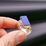 (T) Solid Sterling Silver & Natural Lapis Lazuli Rectangle Cage Band Handmade Ring