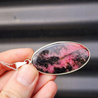 Solid Sterling Silver & Natural Rhodonite Handmade Oval Pendant & Chain Necklace
