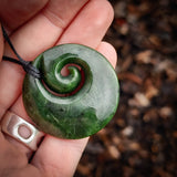 NZ Greenstone Pounamu Round Koru Pendant Necklace (N941)