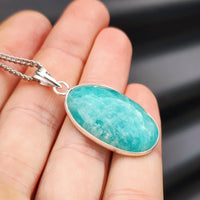 Silver Plated & Natural Amazonite Handmade Oval Pendant & Chain Necklace (30X9)