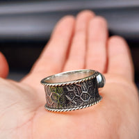 (T) Solid 925 Sterling Silver & Natural Moonstone Rustic Handmade Textured Ring