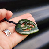 Nephrite Jade / Greenstone Triple Koru Heart Pendant Necklace
