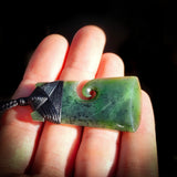 Nephrite Jade / Greenstone Toki Pendant Necklace With Koru Carved Side (N606)