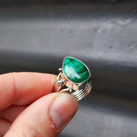 (Q) Solid Sterling Silver & Natural Malachite Handmade Rustic Solitaire Ring