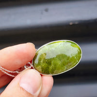 Solid Sterling Silver & Natural Nephrite Greenstone Handmade Oval Necklace