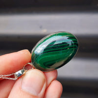 Solid Sterling Silver & Natural Malachite Handmade Oval Pendant & Chain Necklace