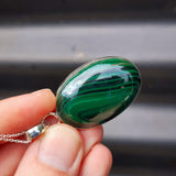 Solid Sterling Silver & Natural Malachite Handmade Oval Pendant & Chain Necklace