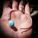 Solid Sterling Silver & Natural Larimar Rustic Handmade Bangle Bracelet