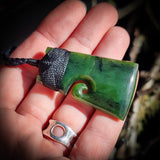 NZ Greenstone Pounamu Side Koru Toki Pendant Necklace (N732)