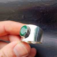 (V) Solid Sterling Silver & Natural Emerald Handmade Rustic Cuff Ring