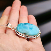 Solid Sterling Silver & Natural Blue Larimar Handmade Oval Necklace