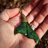 NZ Greenstone Pounamu Whale Tail Pendant Necklace (N977)