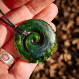 NZ Greenstone Pounamu Notched Koru Pendant Necklace (N957)
