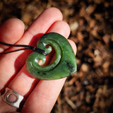 NZ Greenstone Pounamu Double Koru Heart Pendant Necklace (N919)