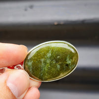 Solid Sterling Silver & Natural Greenstone Handmade Oval Pendant Necklace