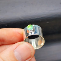(O) Solid Sterling Silver & Natural Opal Wide Band Handmade Ring